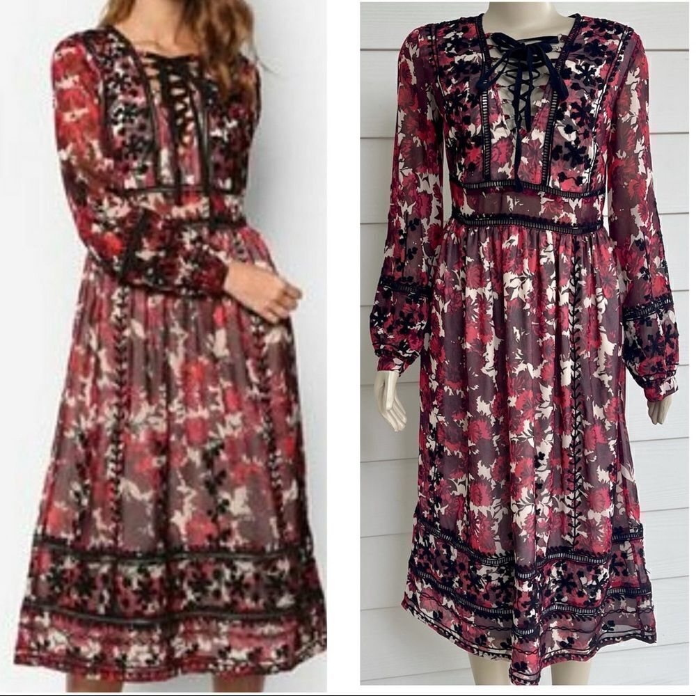 Topshop‎ Embroidered Midi Dress Size 6 Boho Bishop Sleeves Wedding Novelty Fall